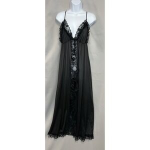Vintage 1980s Erica Loren NY Negligee‎ Peignoir Nightgown Long Lace Black Medium